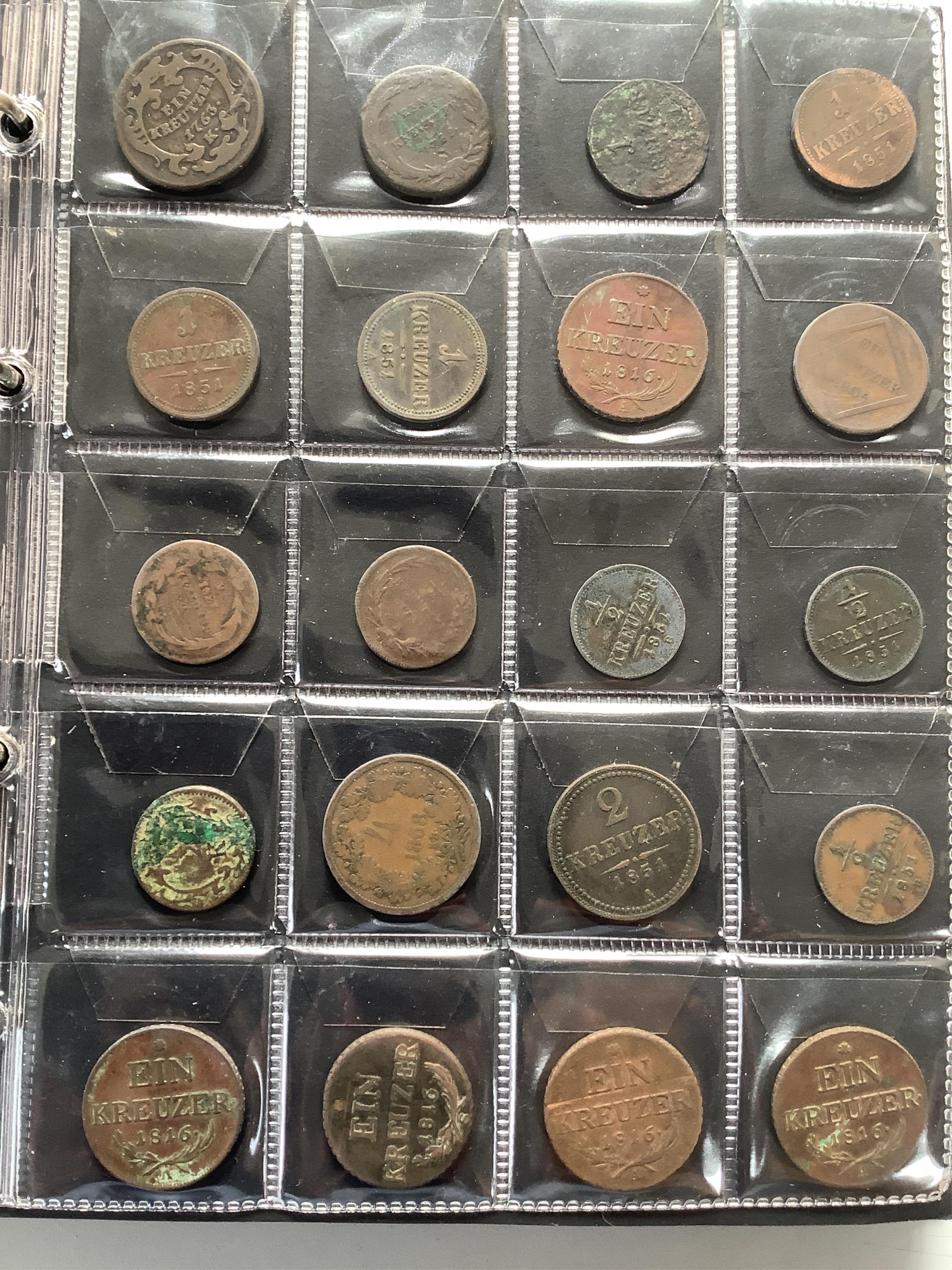 German, Austrian and World coins, in 3 albums, highlights include-, Austria, 17th-20th century; Maria Theresa half Thaler 1759, cleaned otherwise VF, various 1920s-1930s commemorative two shillings, VF or better, France,